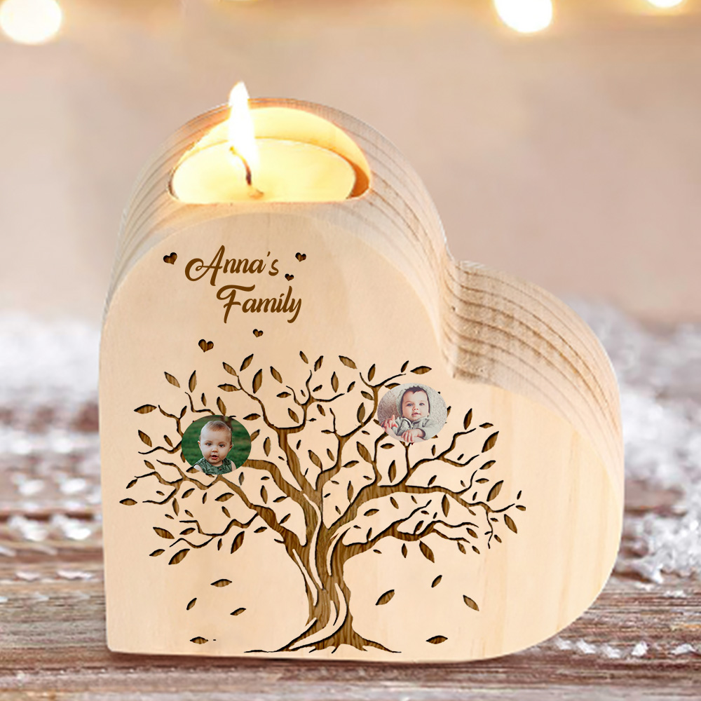 Family Photo Wooden Heart Candle Holder Custom 2 Photos Family Tree Candlesticks-Jessemade AU