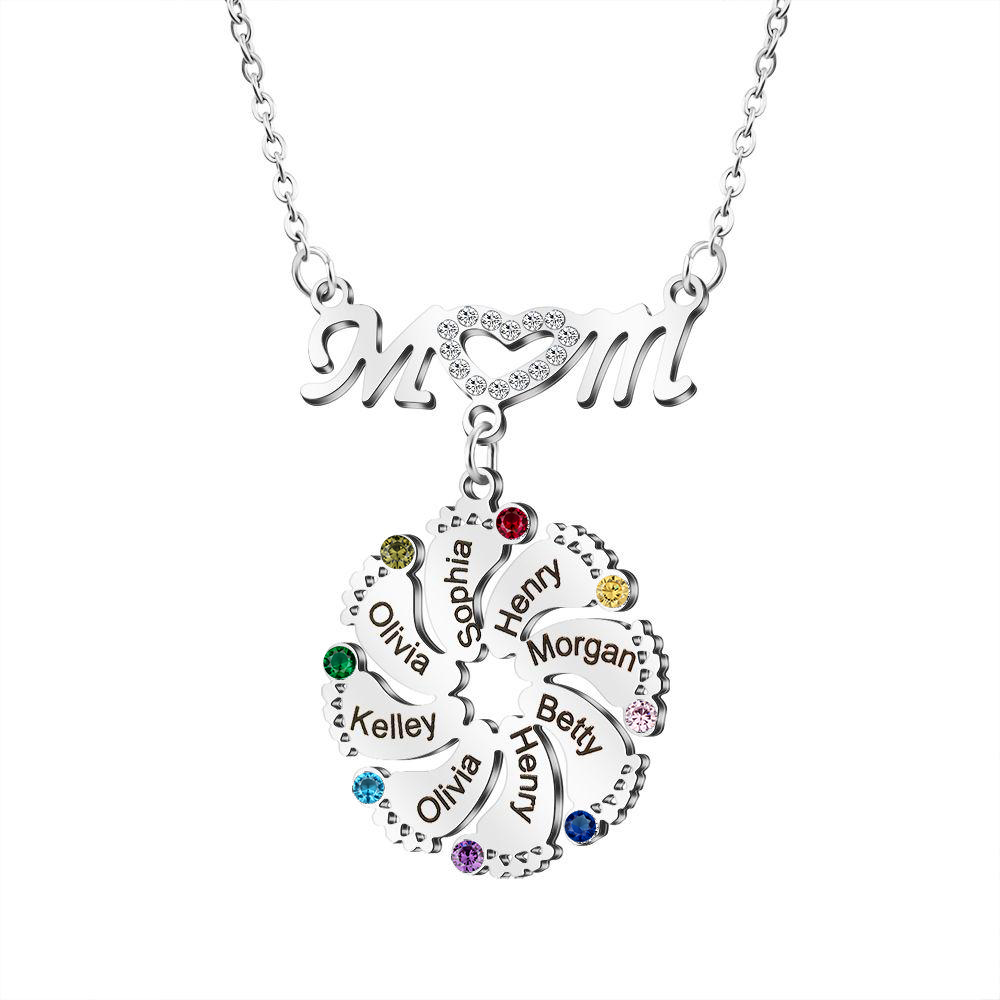 Mom Necklace Customised Baby Feet Necklace with Birthstones Engraving 8 Names Gifts for Her-Jessemade AU
