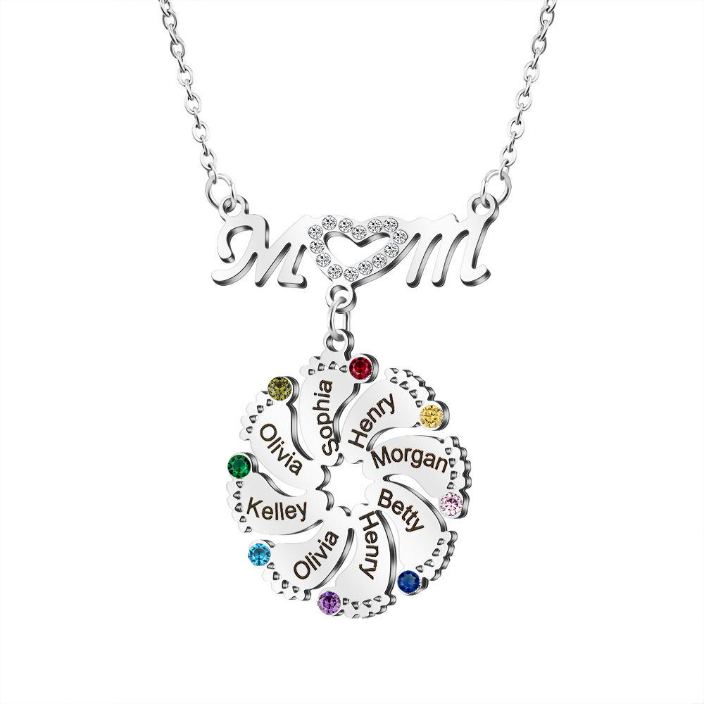 Mom Necklace Customised Baby Feet Necklace with Birthstones Engraving 8 Names Gifts for Her-Jessemade AU