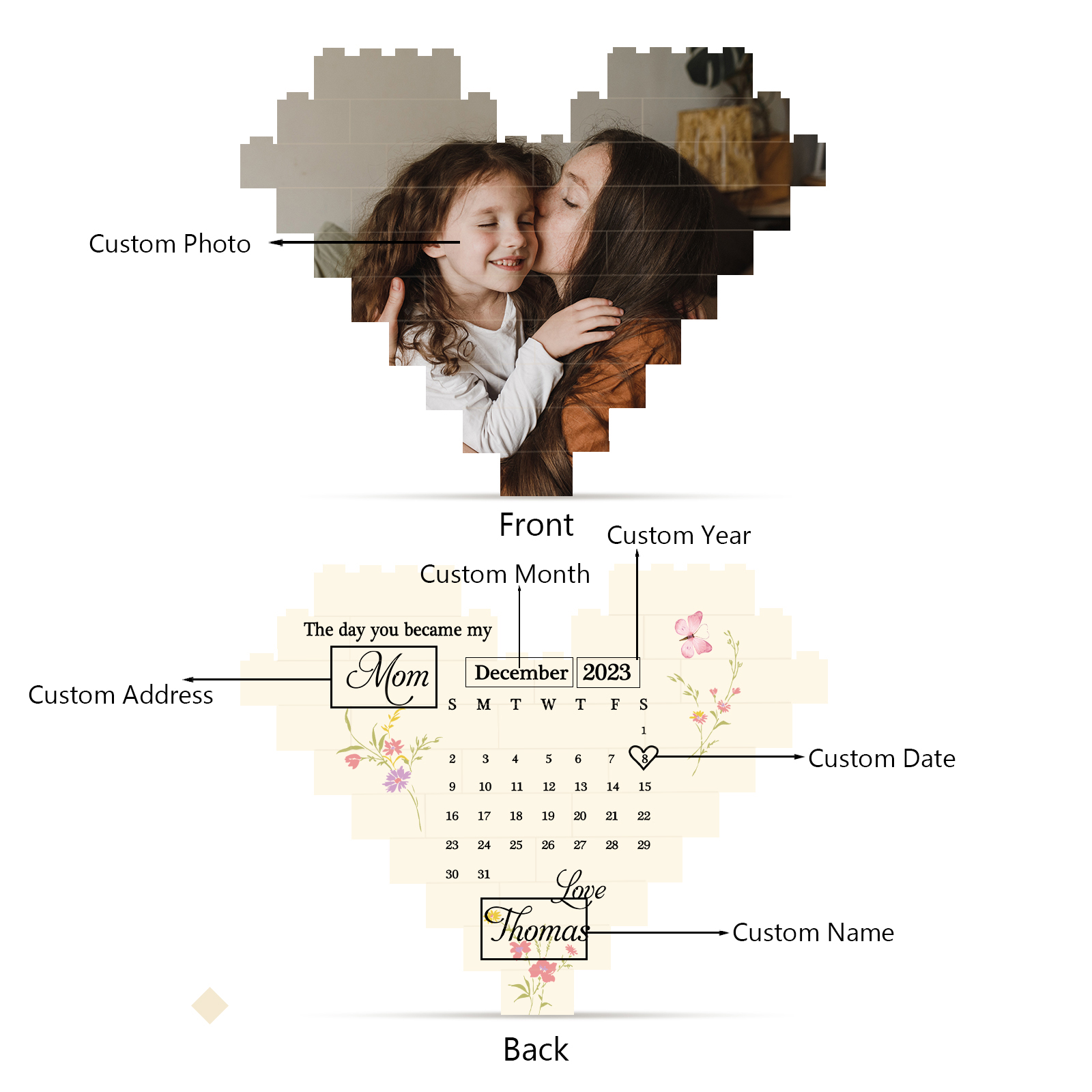 Mothers Gifts Personalised Heart Shape Building Blocks Puzzle Photo Brick Square Shape Puzzle DIY Gift - Single Layers-Jessemade AU