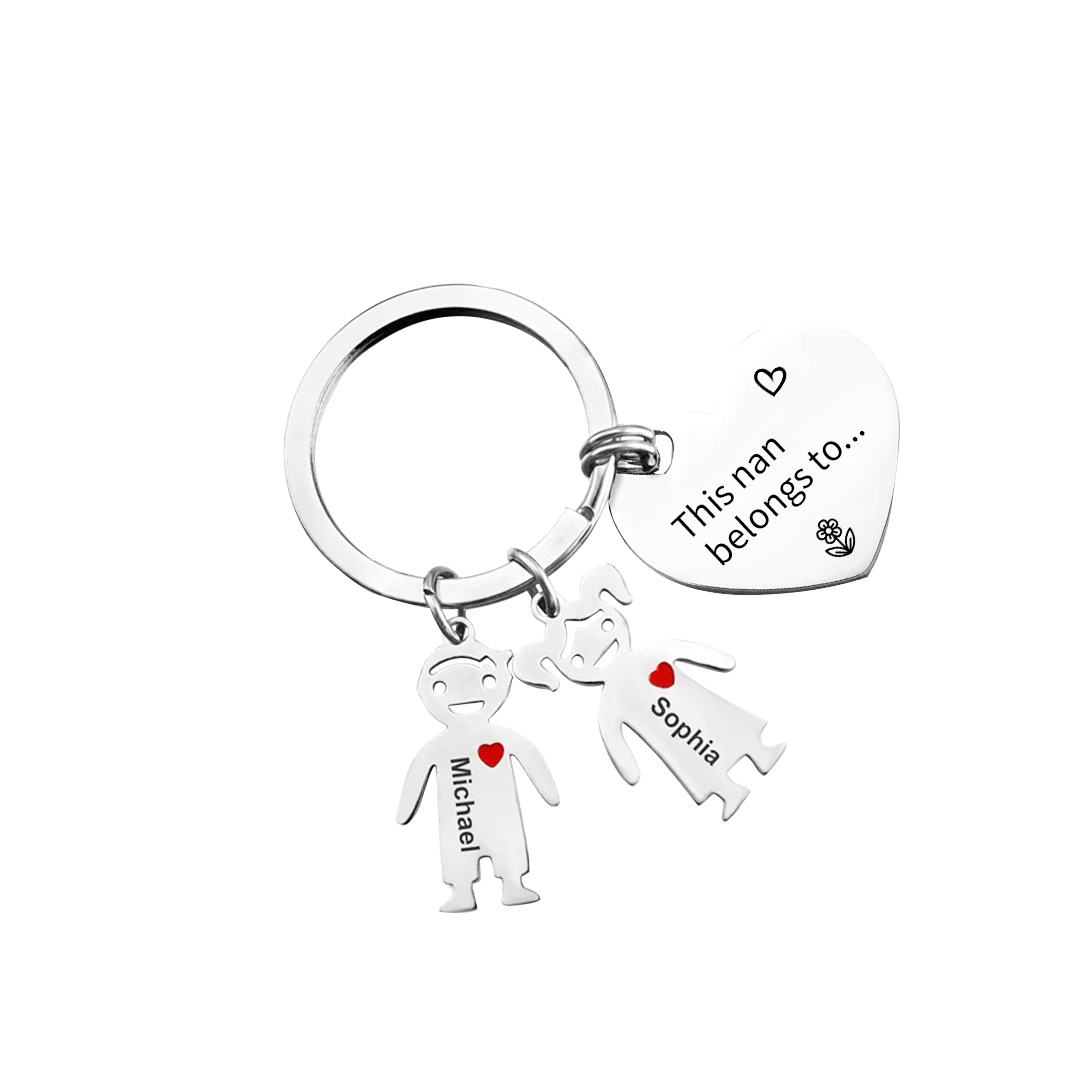 2 Names - Personalised Keychain with Kid Charm Engraved Names Keychain Heart Gift for Nan/Mum-Jessemade AU