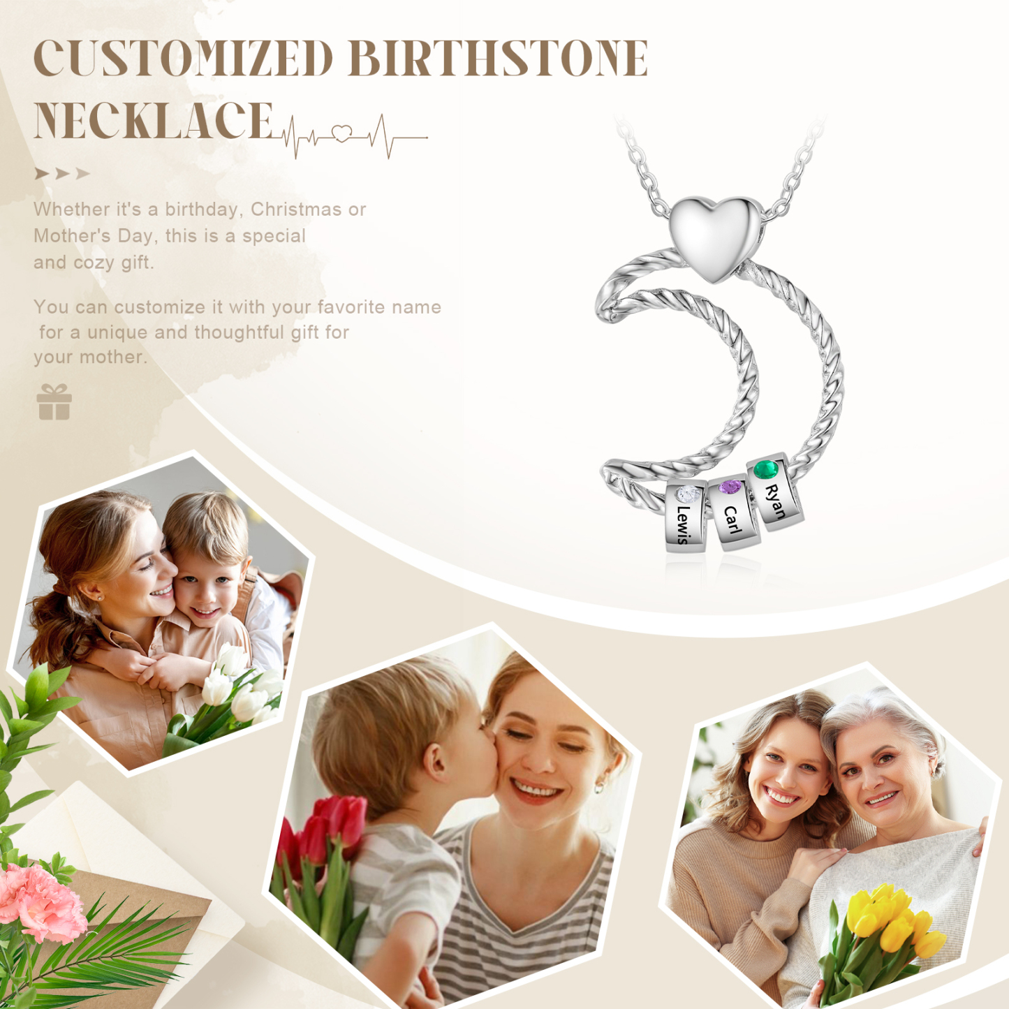 3 Names - Personalised Moon Pendant Necklace Custom Birthstones & Names Necklace Gift for Her-Jessemade AU