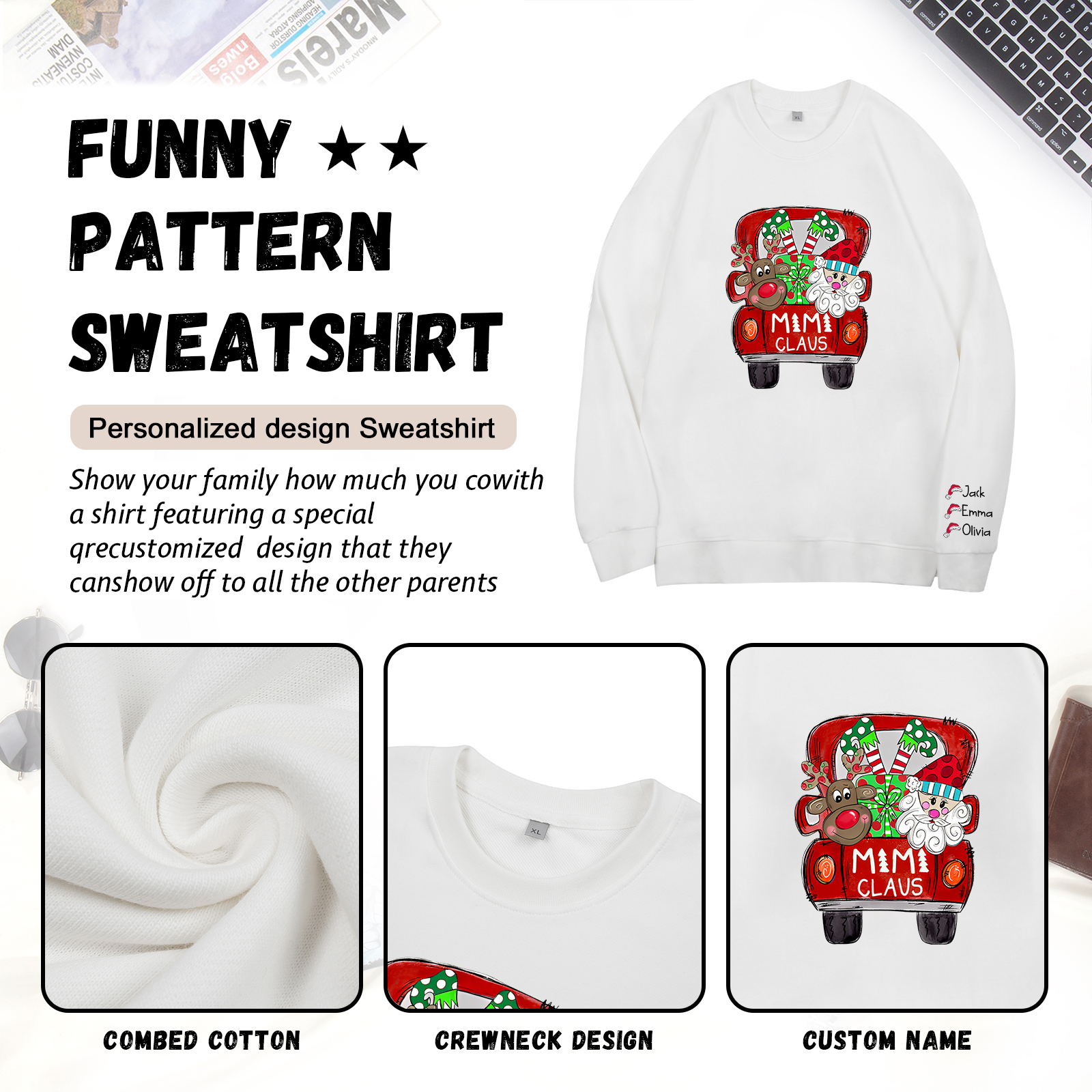 3 Names - Personalised Christmas Sweatshirt Custom Name & Text Sweatshirt Mimi Claus Sweatshirt Gift for Family -Jessemade AU