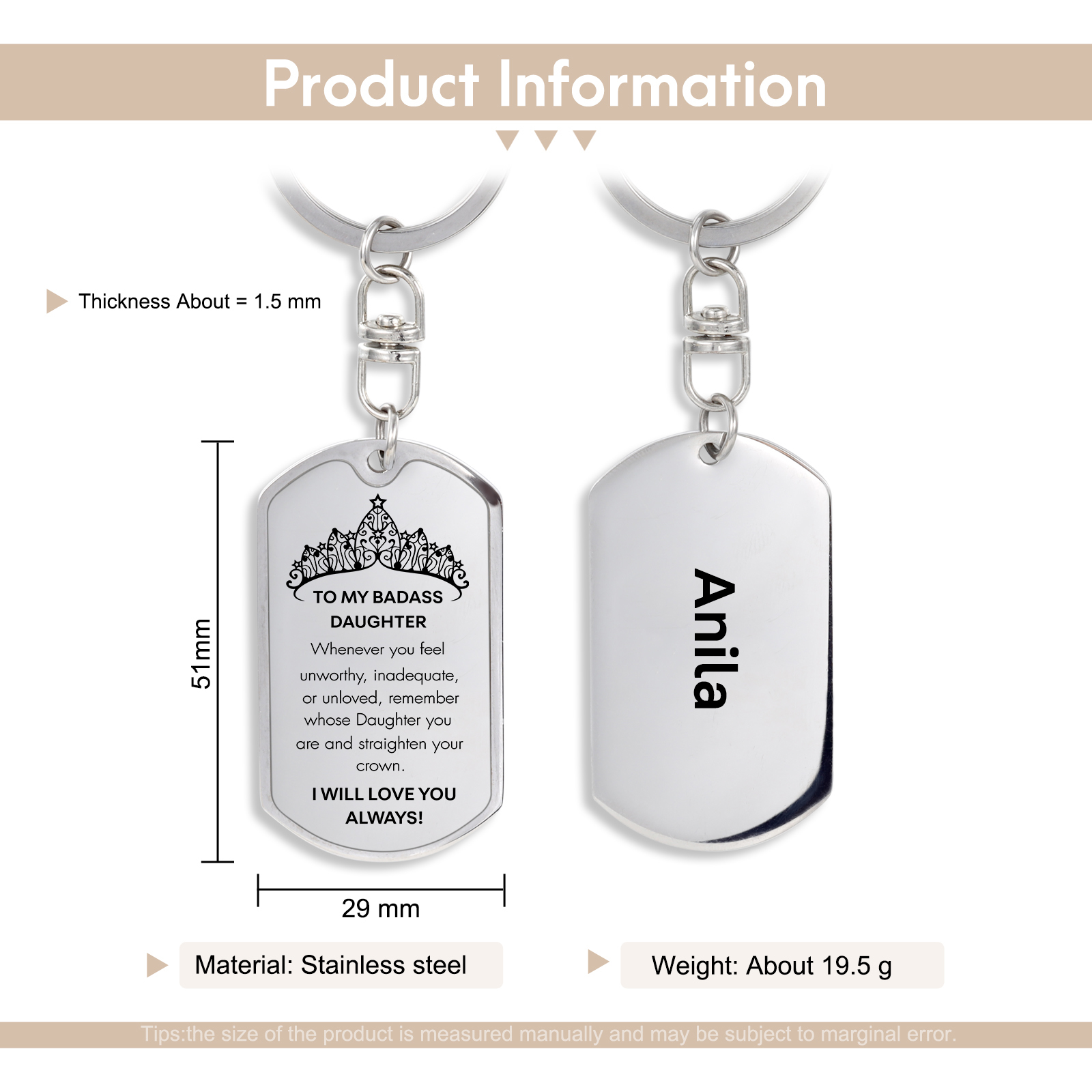 To My Badass Daughter Keychain Custom Name Stainless Steel Keyring "I Will Love You Always"-Jessemade AU