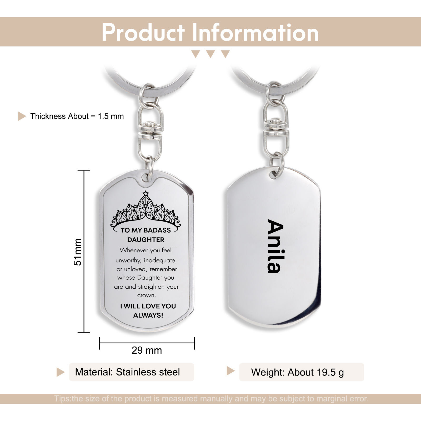 To My Badass Daughter Keychain Custom Name Stainless Steel Keyring "I Will Love You Always"-Jessemade AU