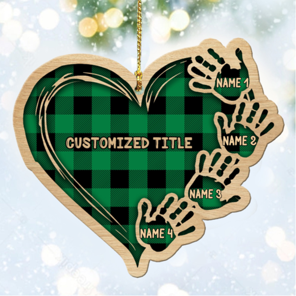 Grandma Mom Heart Hand Print Wood Ornament Custom 4 Names for Family-Jessemade AU