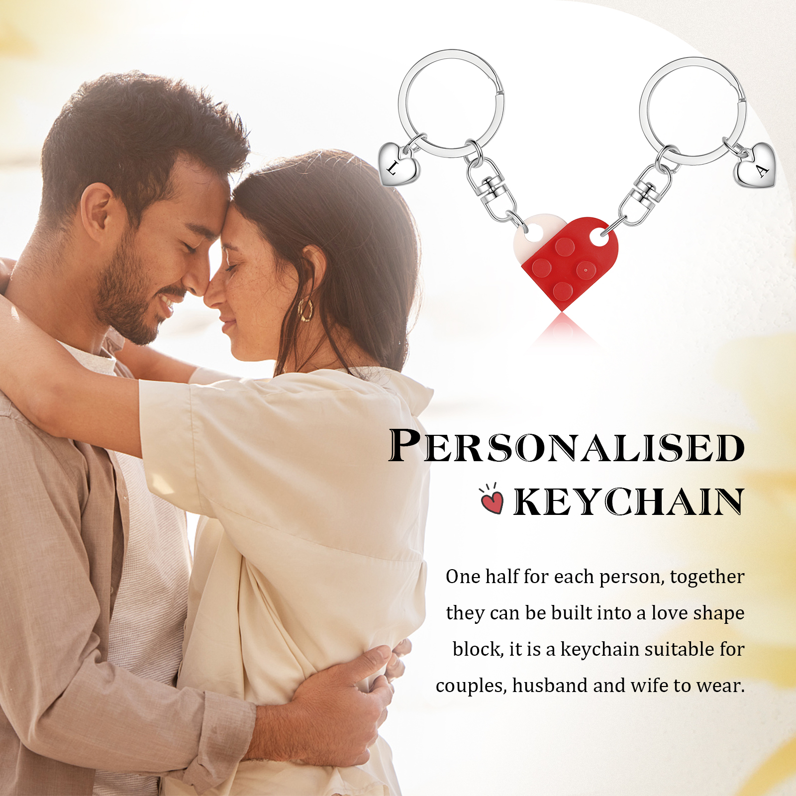 Brick Heart Keyring Set Custom 2 Letters Matching Couple Keychain Valentine's Day Gifts For Couples/Friends-Jessemade AU