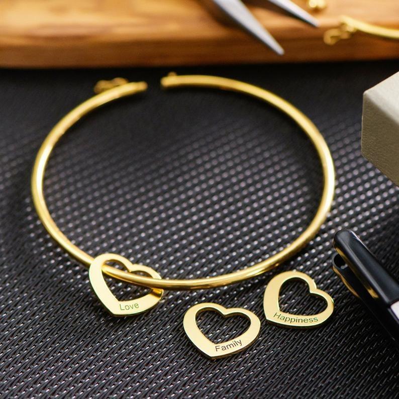 Women Bangle Bracelet with 3 Heart Pendant Engraved 3 Names Love Bracelet-Jessemade AU