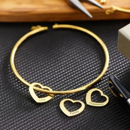 Women Bangle Bracelet with 3 Heart Pendant Engraved 3 Names Love Bracelet-Jessemade AU