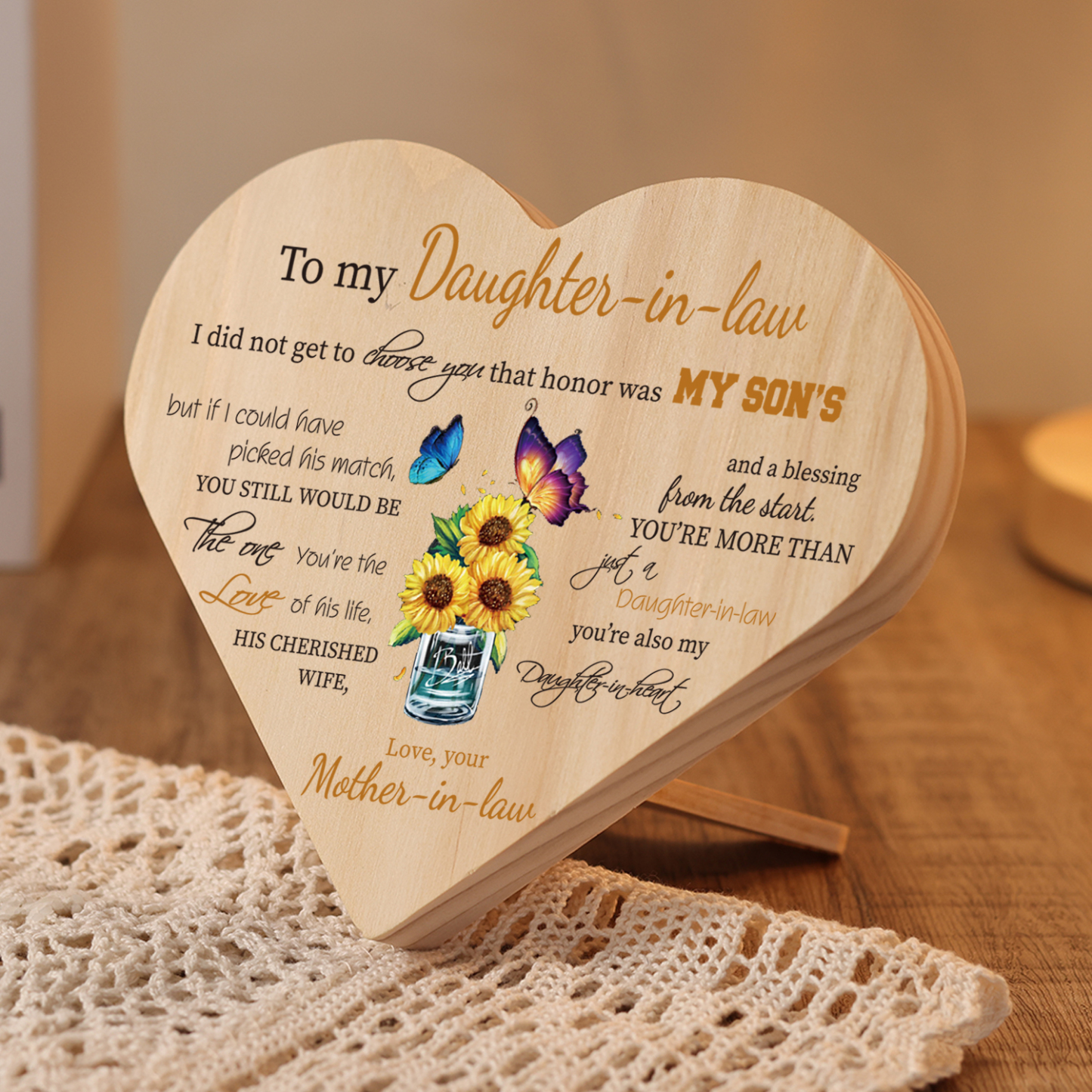 To My Daughter-In-Law You're My Daughter-In-Heart Wooden Heart Keepsake Desktop Ornament-Jessemade AU