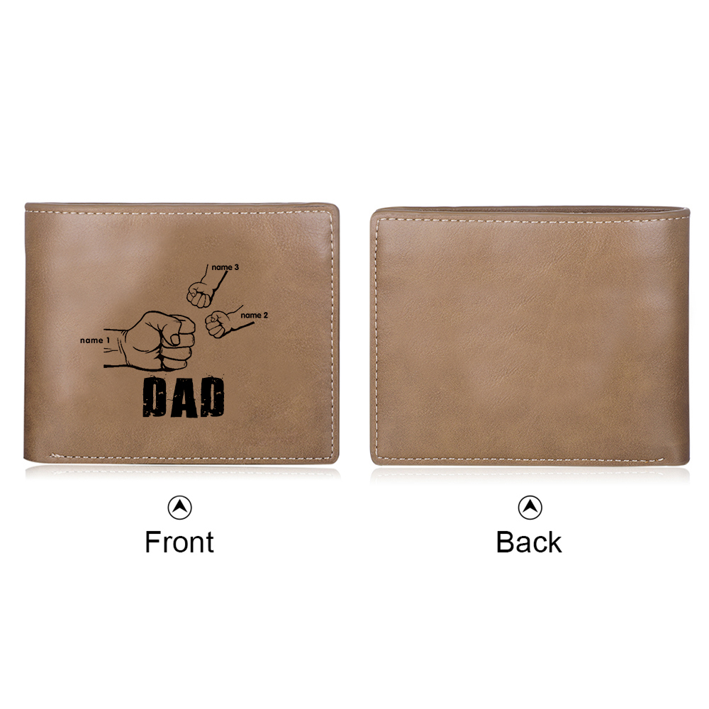 Personalised Leather Mens Wallet Engraved 3 Names Fist Bump Folding Wallet Father's Day Gifts-Jessemade AU