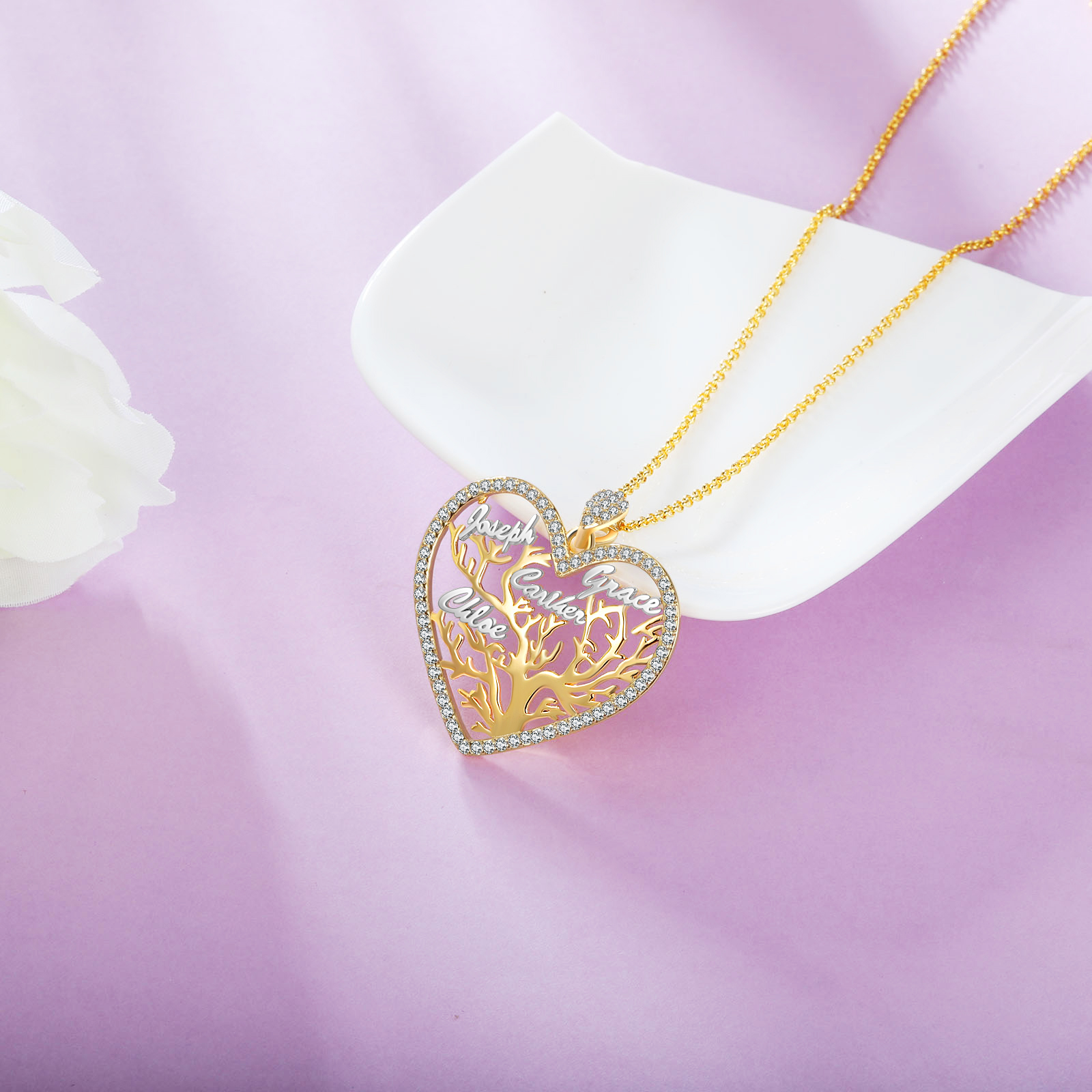 Personalised Family Tree Necklace Custom 4 Names Heart Necklace Gift For Her-Jessemade AU