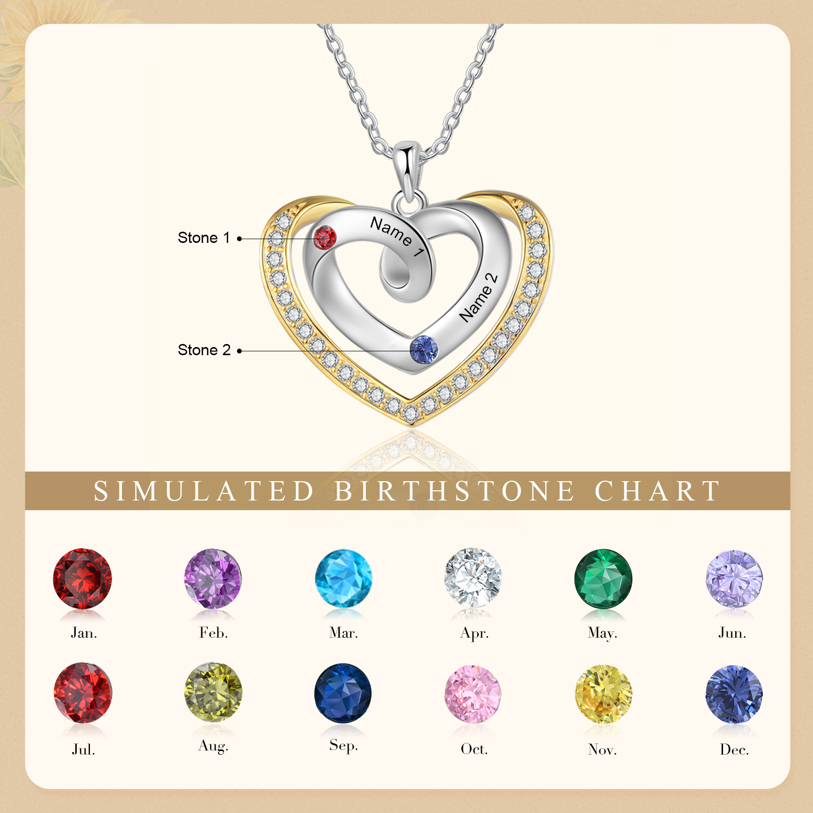 Personalised 2 Names & 2 Birthstones Necklace Custom Heart Pendant Necklace Gifts for Her-Jessemade AU