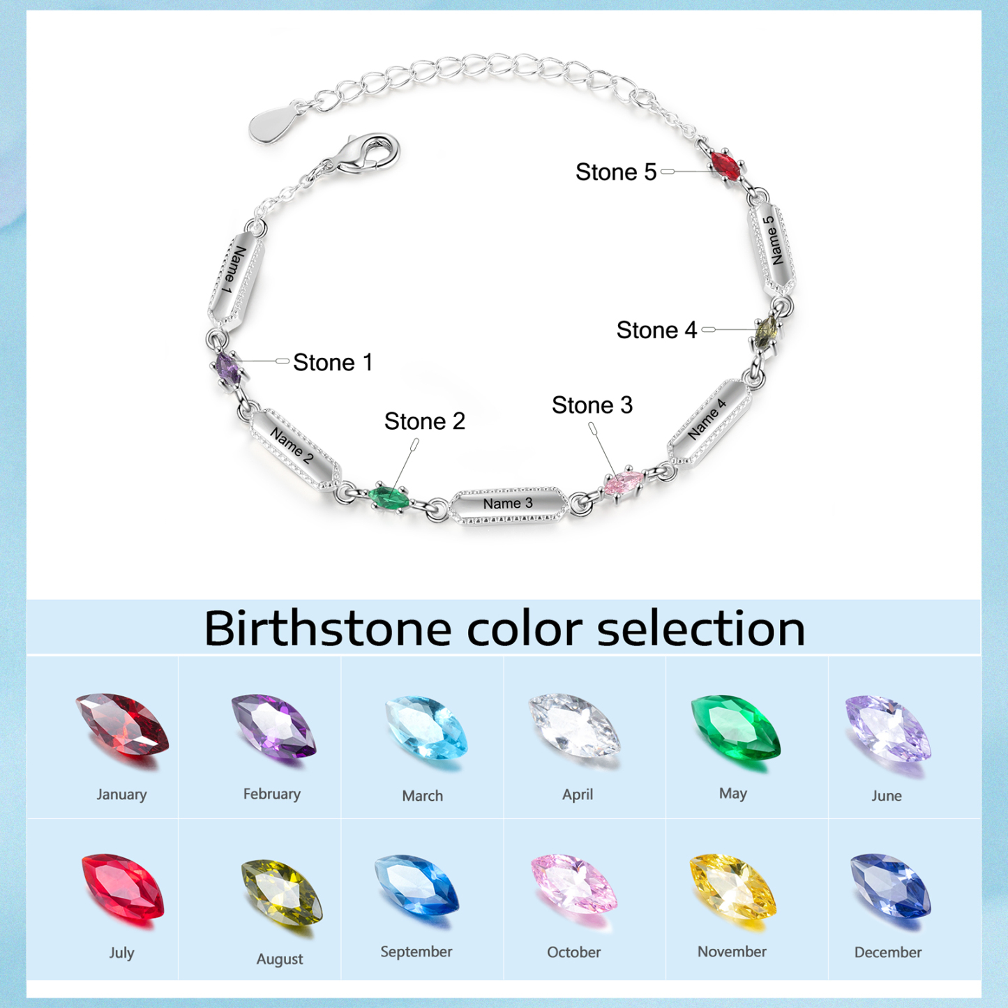 Custom Birthstone Bracelet with 5 Names Personalised Family Bracelet-Jessemade AU