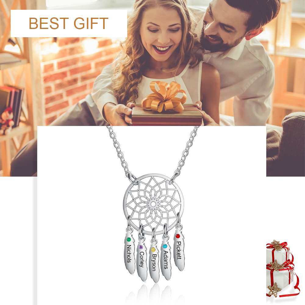 Personalised Dream Catcher Necklace With 5 Birthstones Engraved Names Gift For Women-Jessemade AU