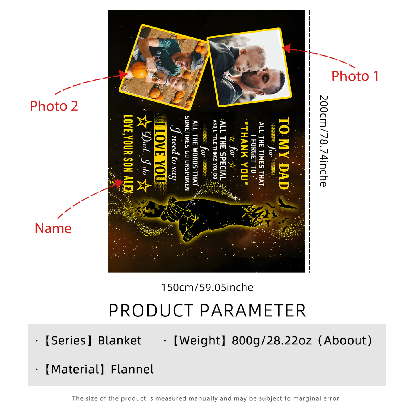 Personalized Fleece Blanket Custom 2 Photos and 1 Name Father's Day Gift for Dad-Jessemade AU