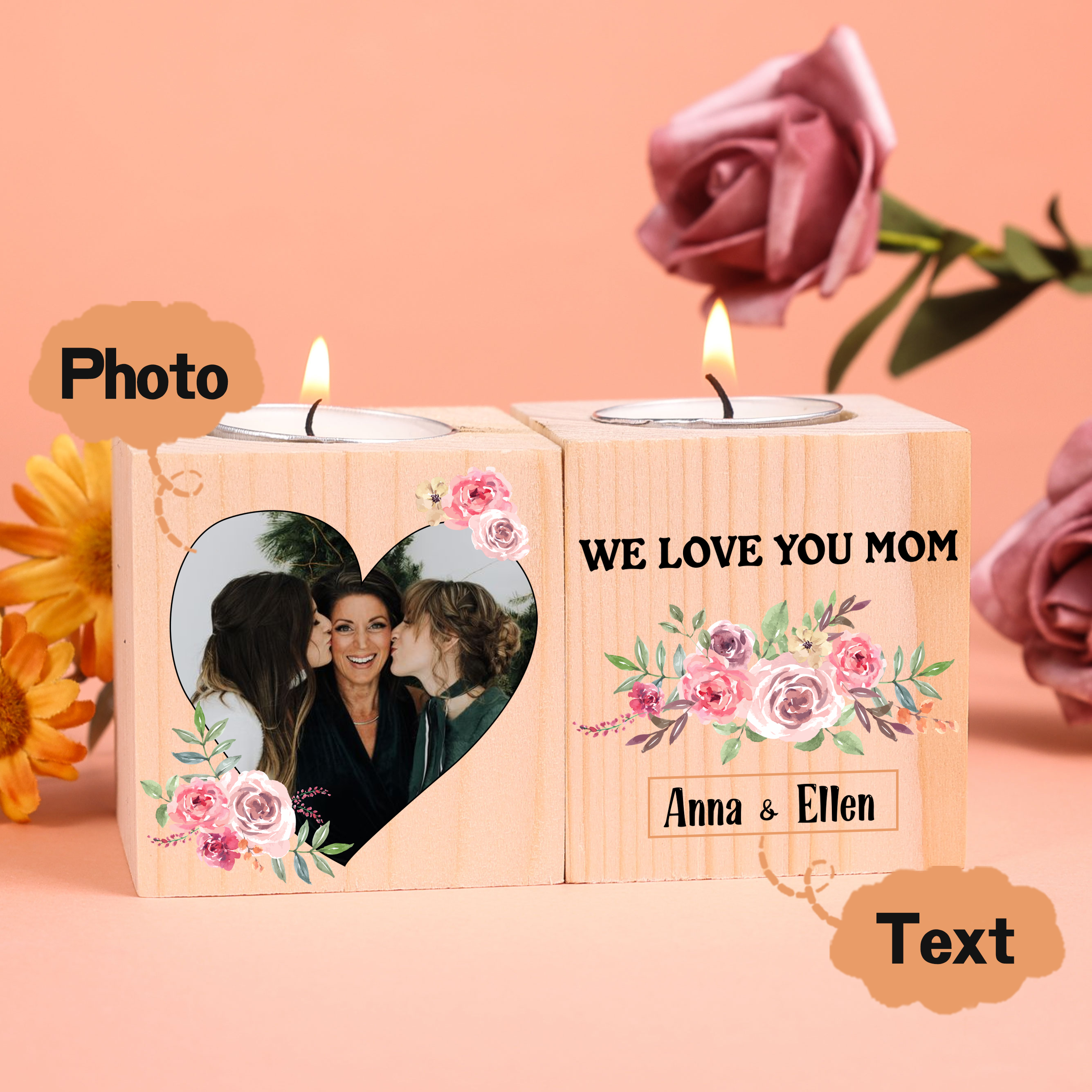 Personalised Photo Block Candle Holder We Love You Mom Wooden Candlesticks-Jessemade AU