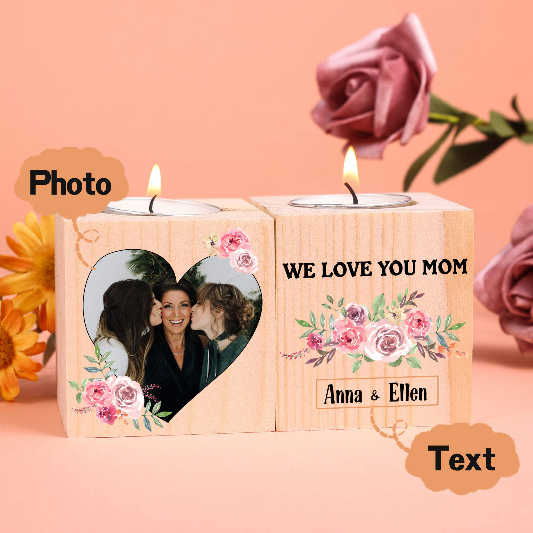 Personalised Photo Block Candle Holder We Love You Mom Wooden Candlesticks-Jessemade AU
