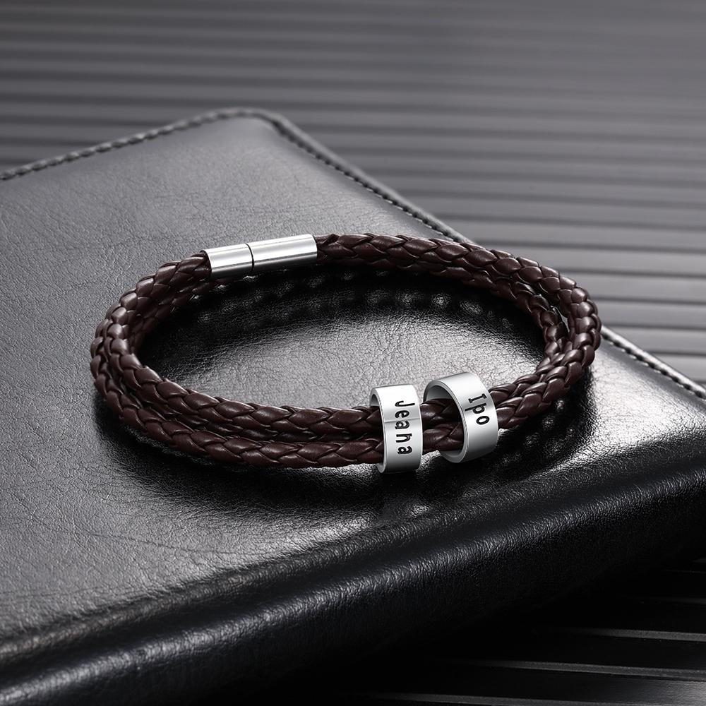 Leather Braided Bracelet Men Bracelets Personalised 2 Names 2 Beads Gift For Dad-Jessemade AU