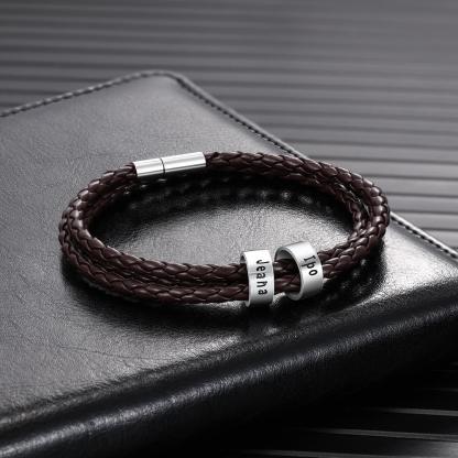 Leather Braided Bracelet Men Bracelets Personalised 2 Names 2 Beads Gift For Dad-Jessemade AU