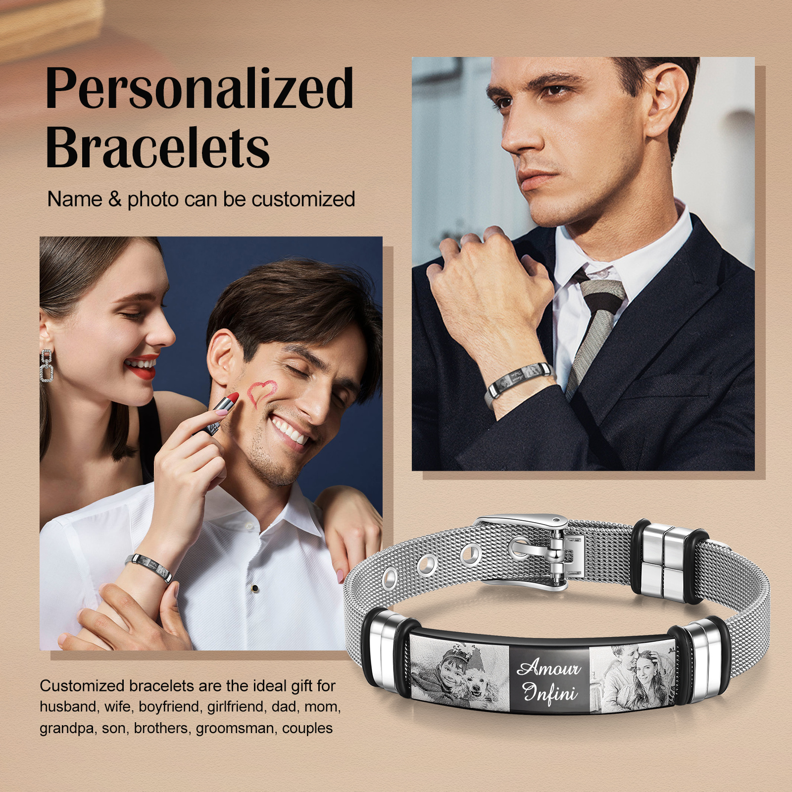 Personalised ID Bar Bracelet Engraved 2 Photos Men Women Bracelet-Jessemade AU