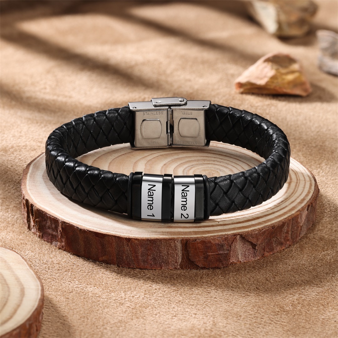 Men Leather Braided Bracelet Personalised with 2 Names Black-Jessemade AU