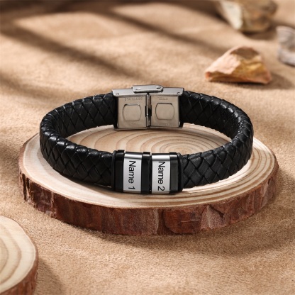 Men Leather Braided Bracelet Personalised with 2 Names Black-Jessemade AU