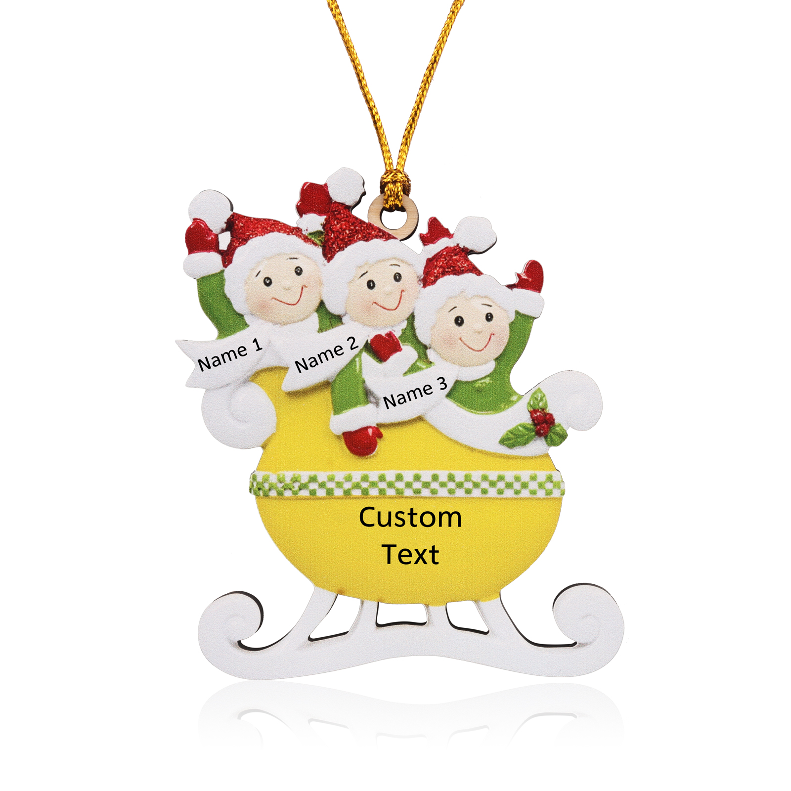 3 Names - Personalised Yellow Sleigh Family Christmas Ornament Customised Name & Text Wooden Hanging Ornaments Christmas Gift for Family-Jessemade AU