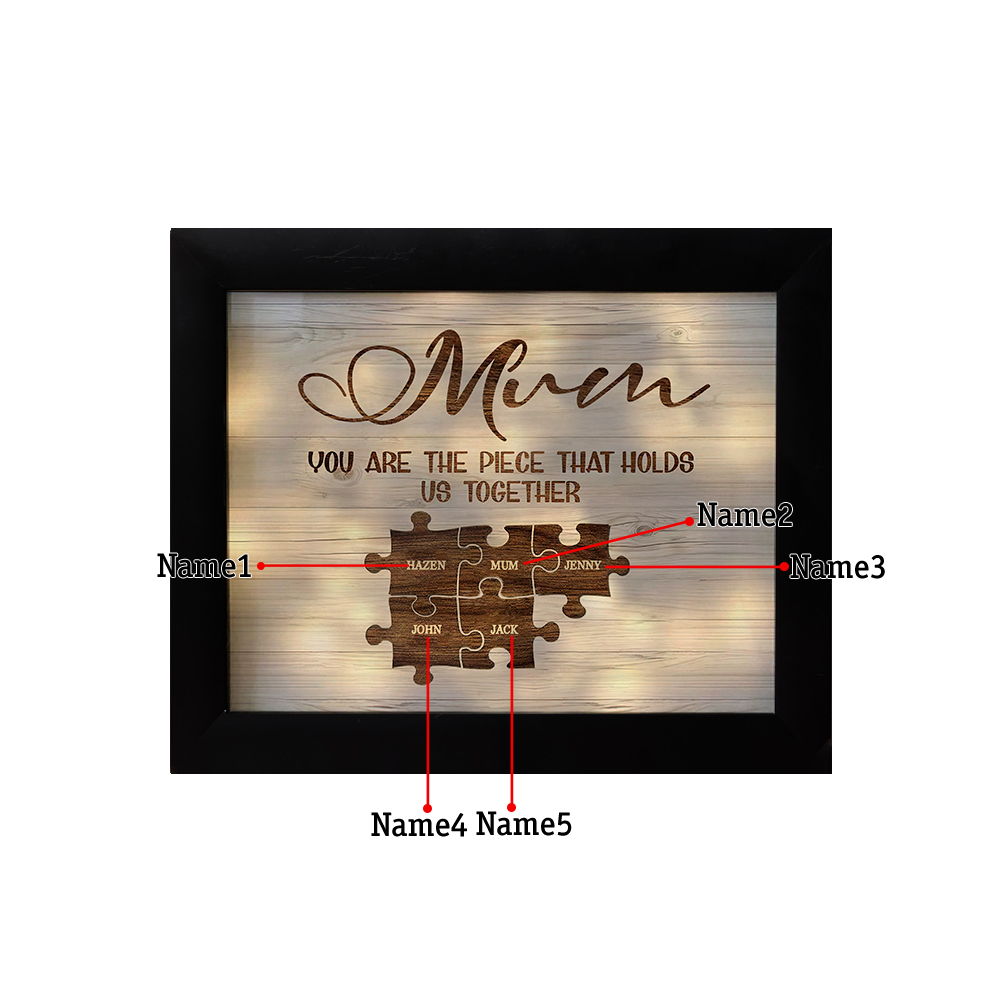 Personalised Mum Puzzle Picture Frame With Light Custom 5 Names Decor Gifts For Mother - You are the piece that holds us together-Jessemade AU
