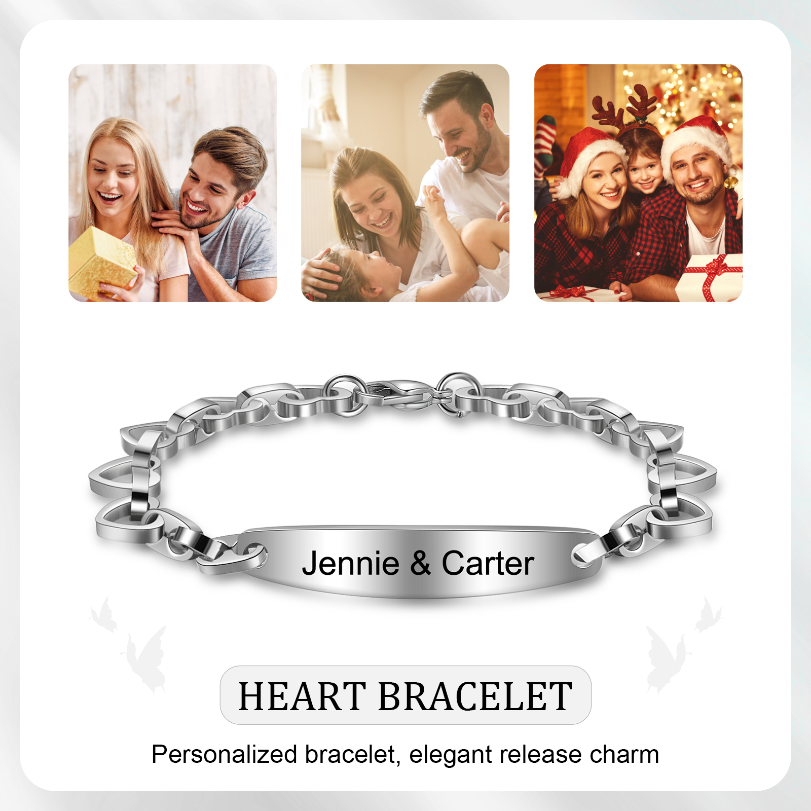 Personalised ID Bar Heart Chain Bracelets Custom Names Couple Bracelets-Jessemade AU