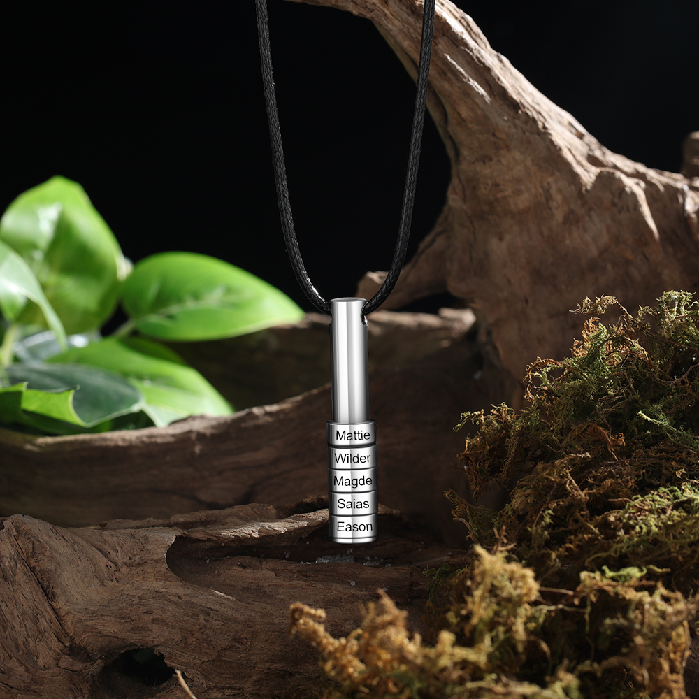 Personalised Vertical Cylinder Pendant Necklace with Beads Engraved 7 Names Men's Necklace for Him-Jessemade AU