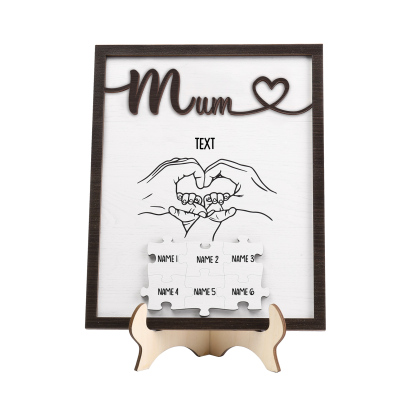 Personalised Puzzle Pieces Wooden Plaque Custom 6 Names & Text & Salutation Holding Hands Family Wooden Sign With Stand Gifts for Mum-Jessemade AU