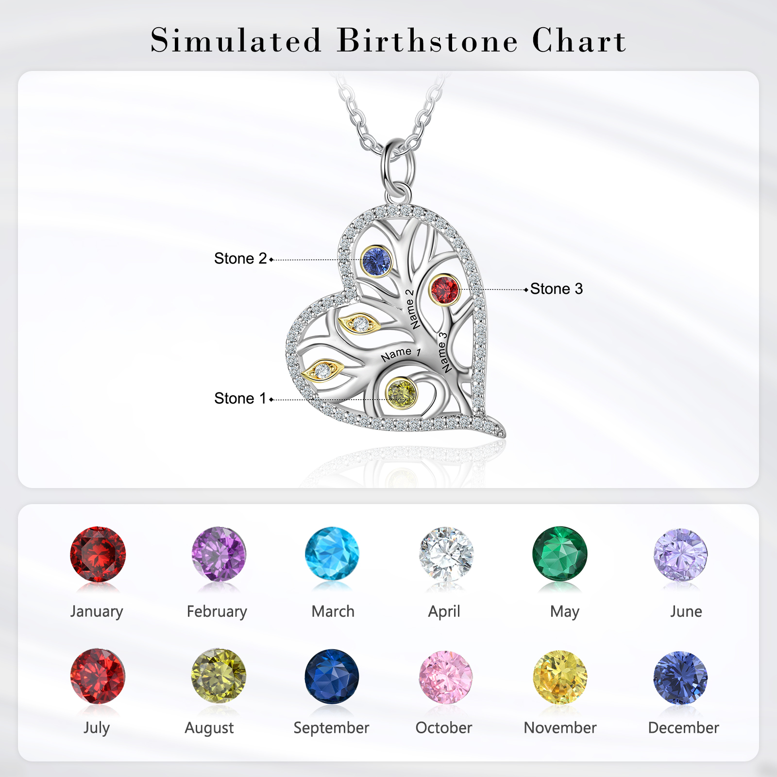 Personalised Family Tree Necklace With 3 Birthstones Custom Names Best Gift For Mother-Jessemade AU