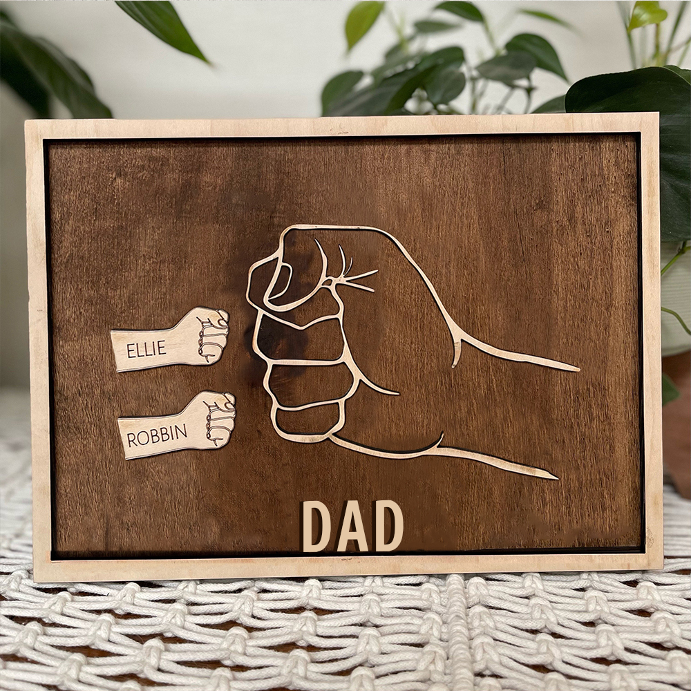 Father and Sons/Daughters Fist Signs Engrave 2 Names Family Bond Wood Frame-Jessemade AU