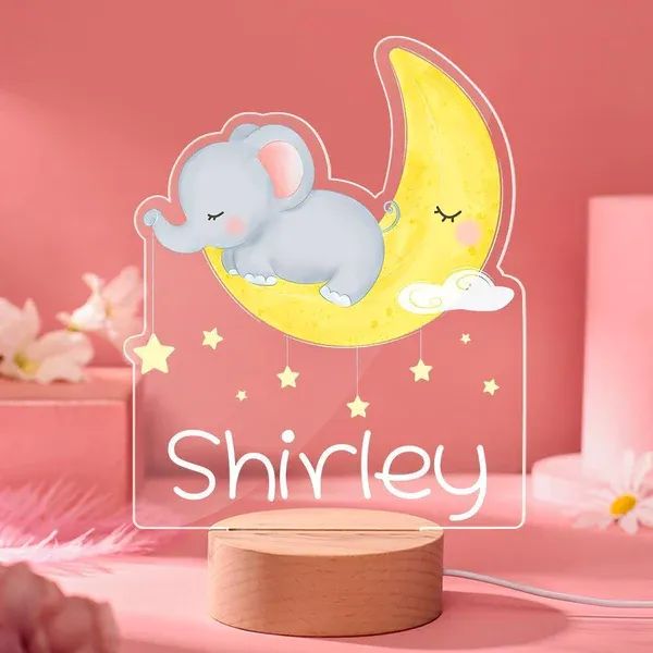 Personalised Moon Elephant Night Light Custom Name LED Lamp for Kids-Jessemade AU