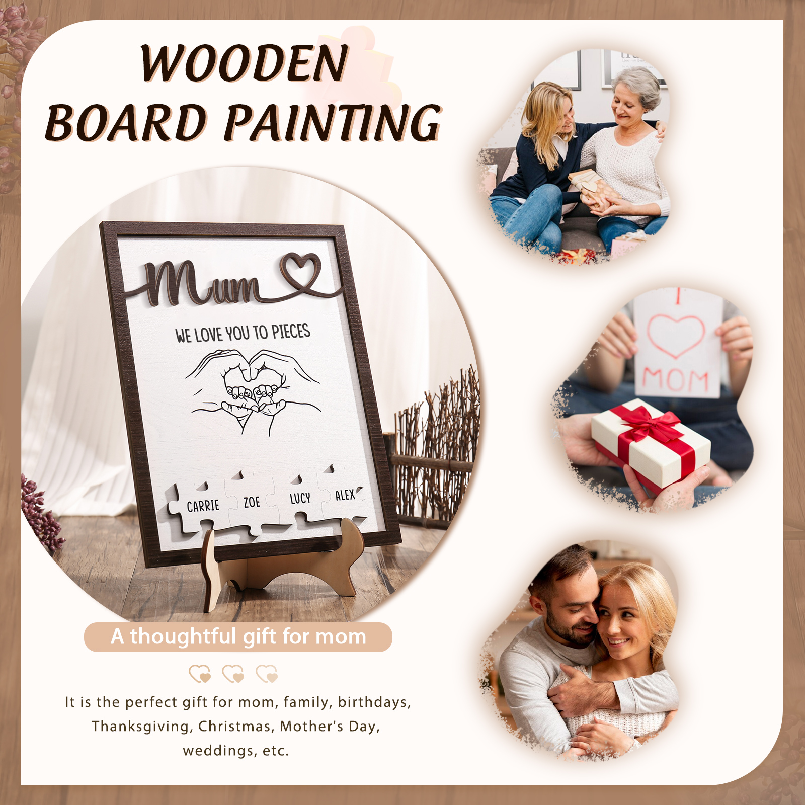 Personalised Puzzle Pieces Wooden Plaque Custom 4 Names & Text & Salutation Holding Hands Family Wooden Sign With Stand Gifts for Mum-Jessemade AU