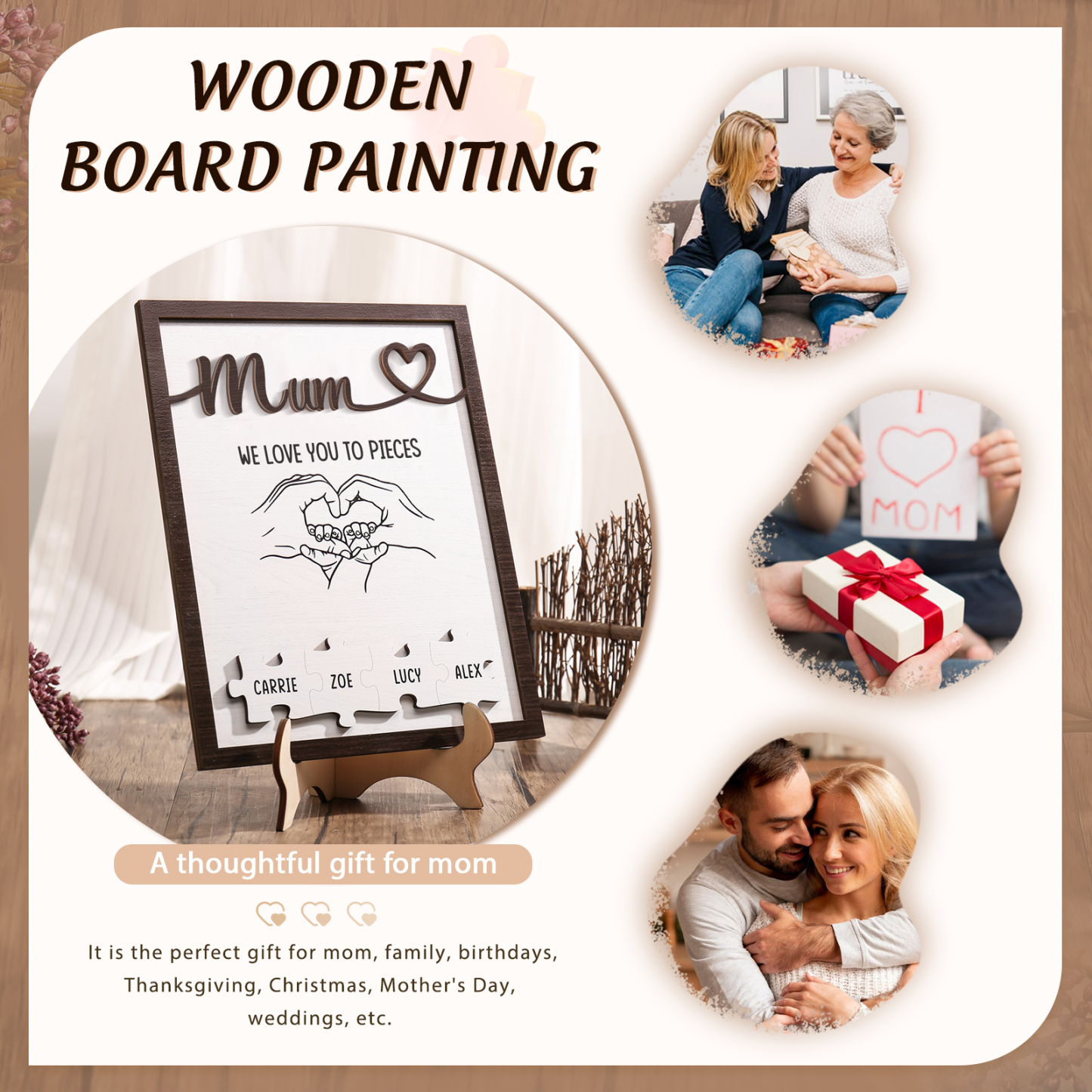 Personalised Puzzle Pieces Wooden Plaque Custom 4 Names & Text & Salutation Holding Hands Family Wooden Sign With Stand Gifts for Mum-Jessemade AU