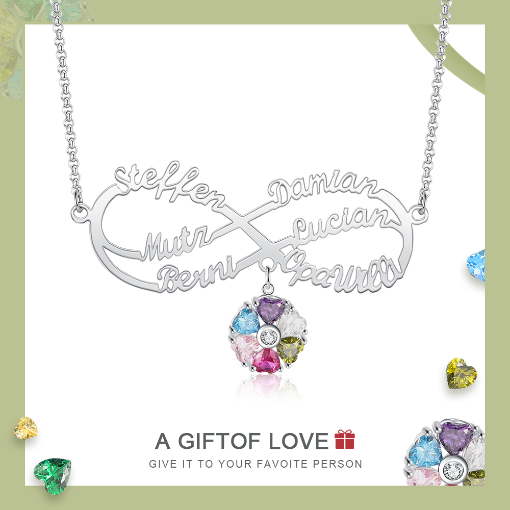 Personalised Infinity Necklace With 6 Birthstones Engraved Names Necklace Gift For Women-Jessemade AU