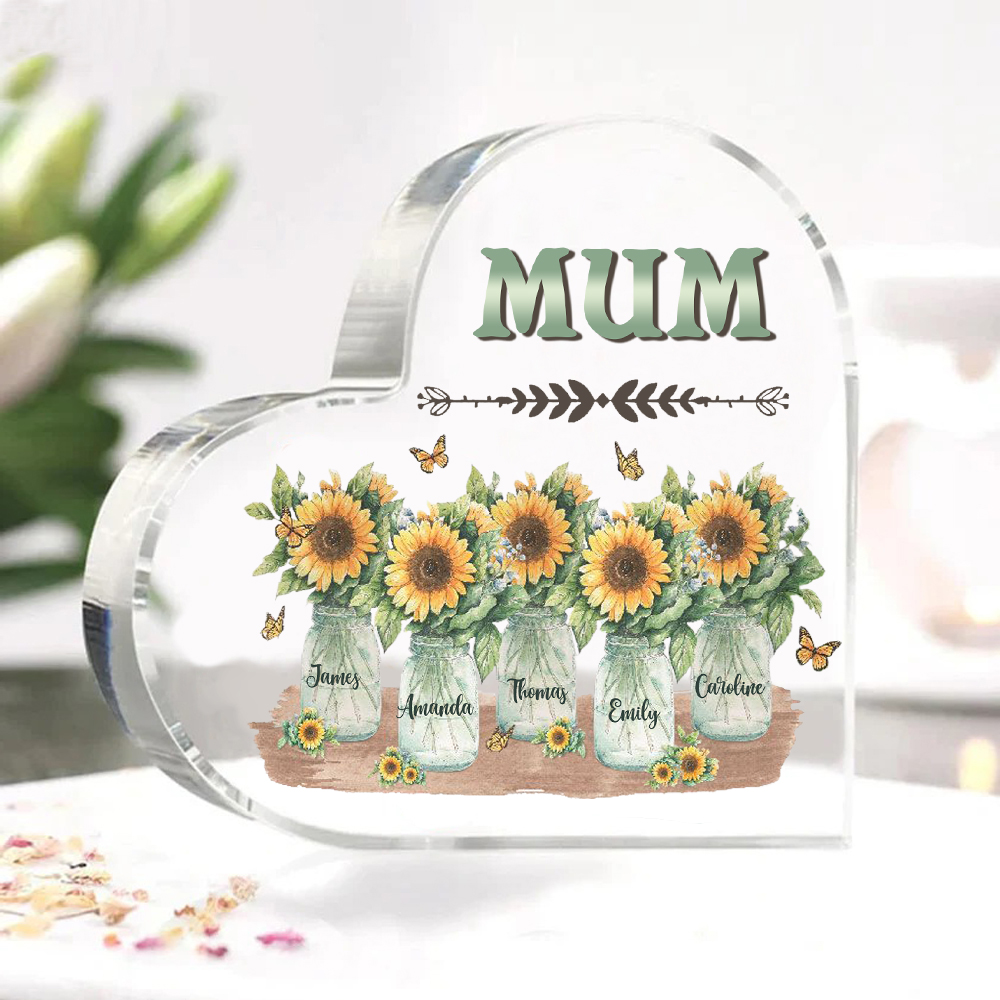 Personalised Acrylic Heart Keepsake Custom 5 Names & 1 Text Sunflower Vase Ornament Gifts for Mother/Grandma-Jessemade AU
