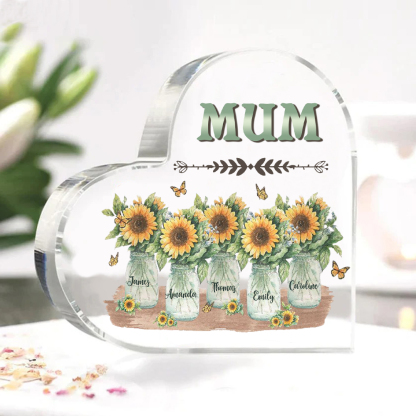 Personalised Acrylic Heart Keepsake Custom 5 Names & 1 Text Sunflower Vase Ornament Gifts for Mother/Grandma-Jessemade AU