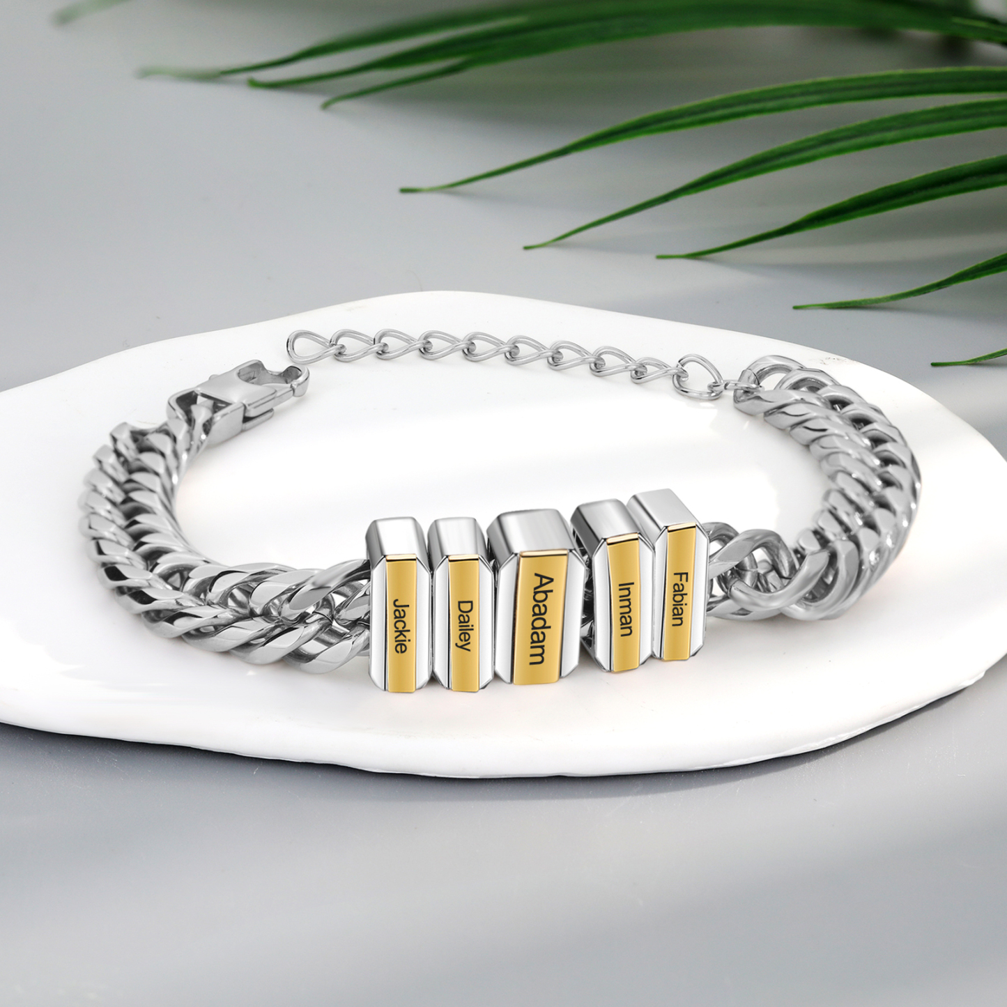 Personalised Mens Cuban Link Chain Bracelet Engraved 5 Beads Father's Day Gift-Jessemade AU