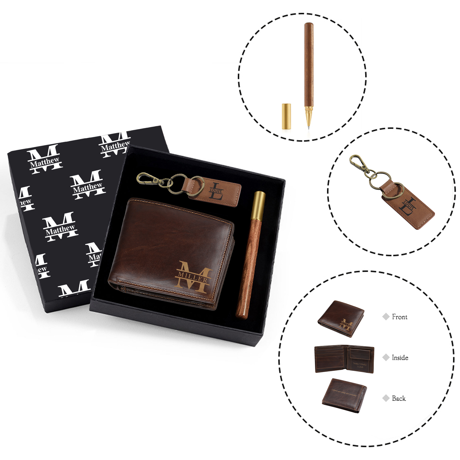 Personalised 2 Texts & 3 Names & 3 Letters Gift Set Custom Wallet & Keychain & Pen Gift Box Set Gift for Him