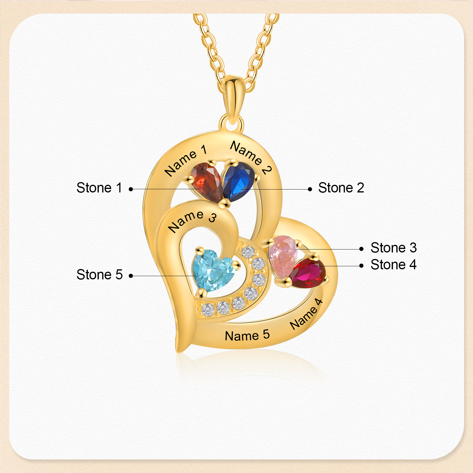 5 Names - Personalised Heart Pendant Necklace Customised Names & Birthstones Necklace Birthday Gift for Her-Jessemade AU