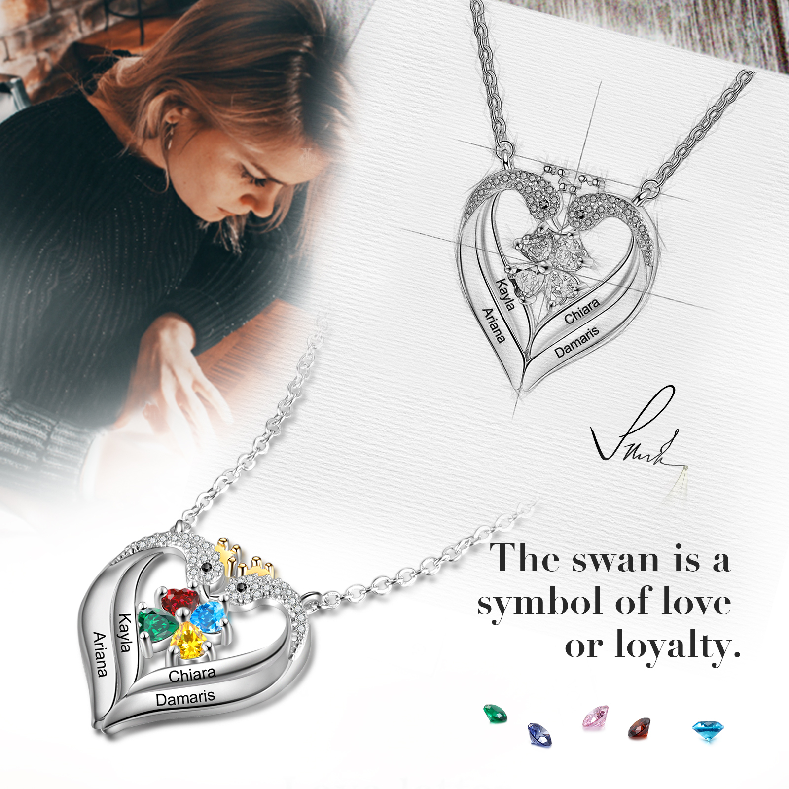 Personalised Heart Swan Necklace With 4 Birthstones Engraved Names Necklace Gifts For Her-Jessemade AU