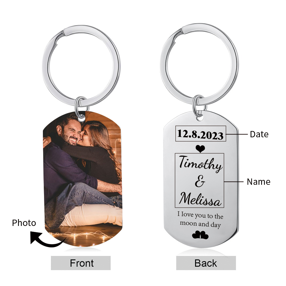 Couple Photo Keychain Customised 2 Names & Date Keyring Valentine's Day Gifts - I Love You To The Moon And Day-Jessemade AU