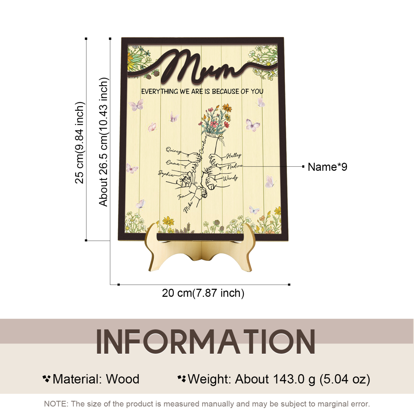 Personalised 9 Names Wooden Plaque Holding Mum's Hand Desktop Decoration With Stand - EVERYTHING WE ARE IS BECAUSE OF YOU-Jessemade AU