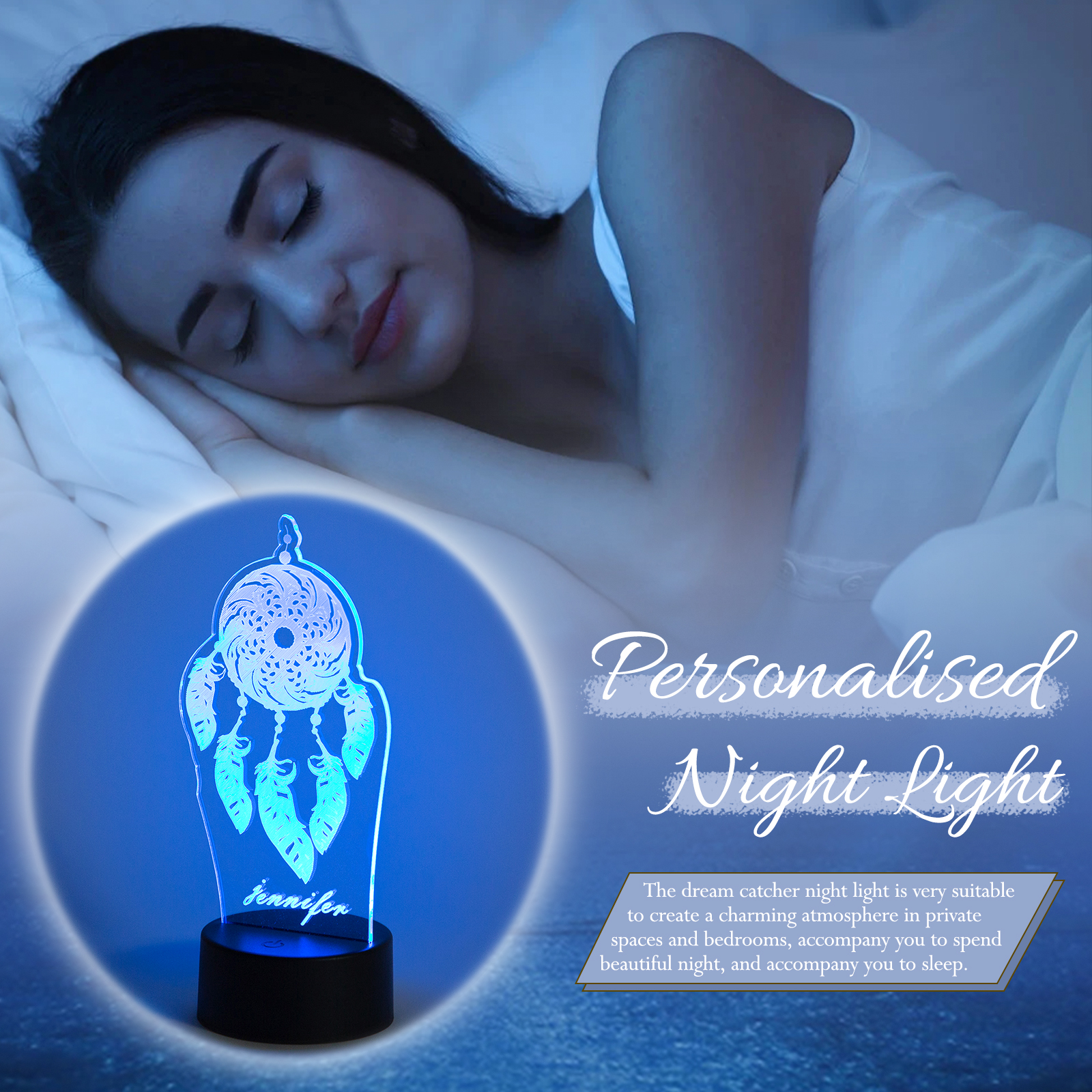 Personalised Dreamcatcher Name Night Light Engraved Wooden Lamp-Jessemade AU