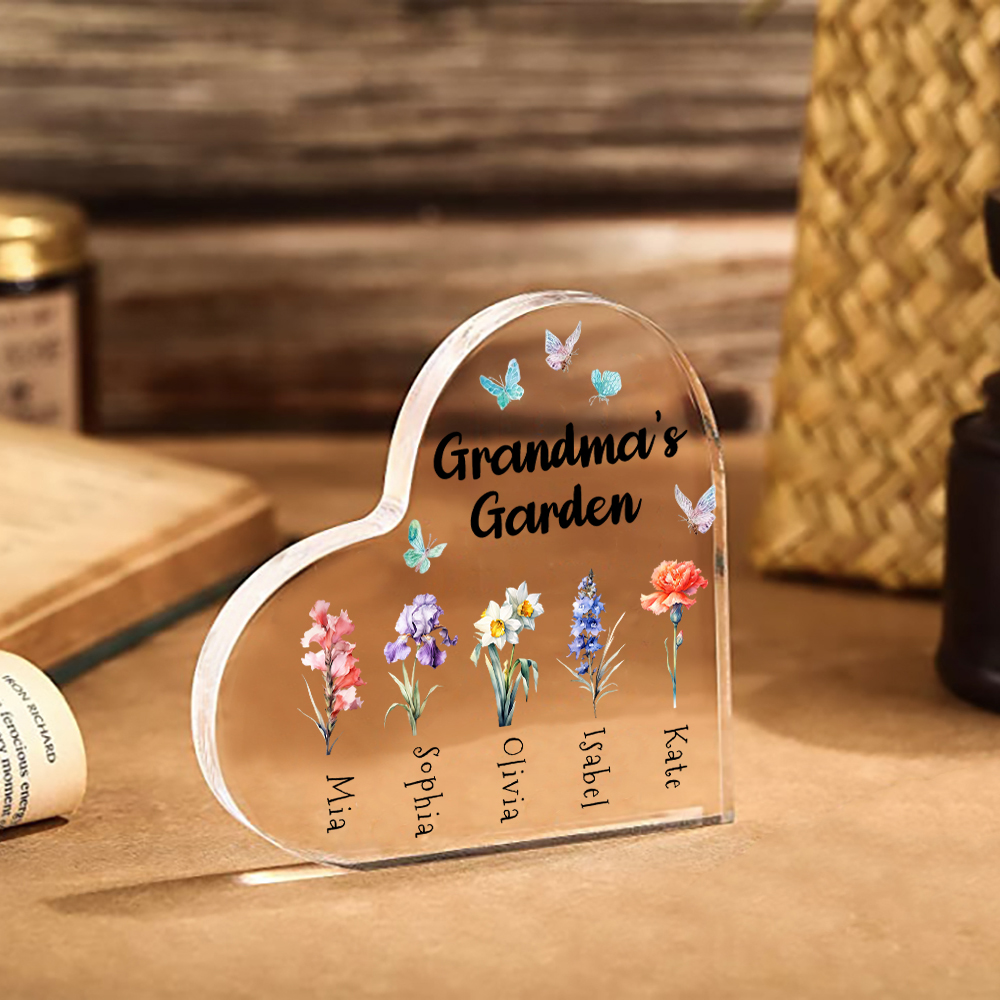 Personalised Acrylic Heart Keepsake Custom 1–6 Names & Birth Flowers Ornaments Gifts for Grandma - Grandma's Garden-Jessemade AU