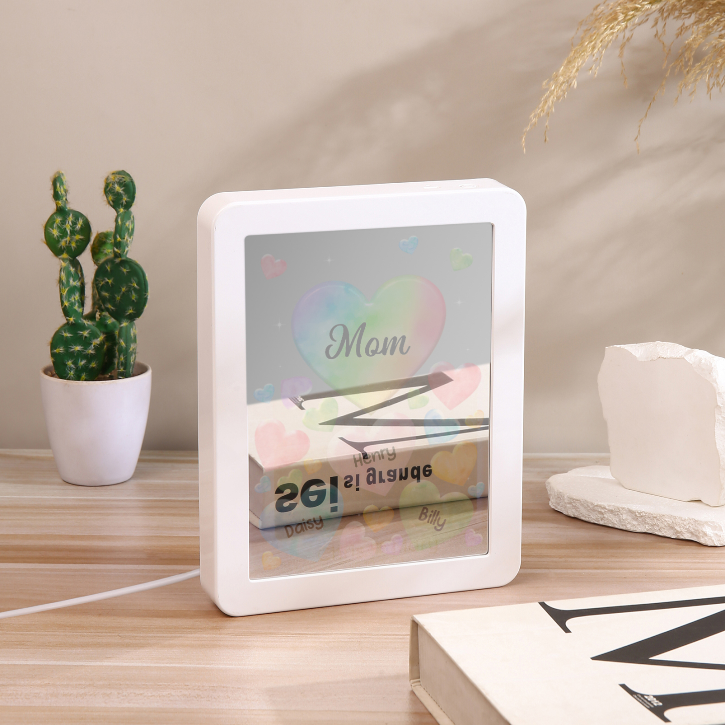 Personalised Night Light Mirror Frame Custom 1 Text & 3 Names Colourful Hearts Family LED Lamp Gift for Grandma/Mother-Jessemade AU