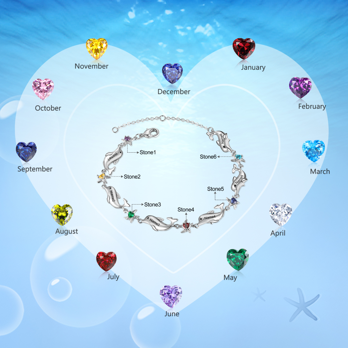 Animal Bracelet Personalised Dolphin Bracelet With 6 Birthstones Engraved Names Starfish Charm Gifts For Her-Jessemade AU